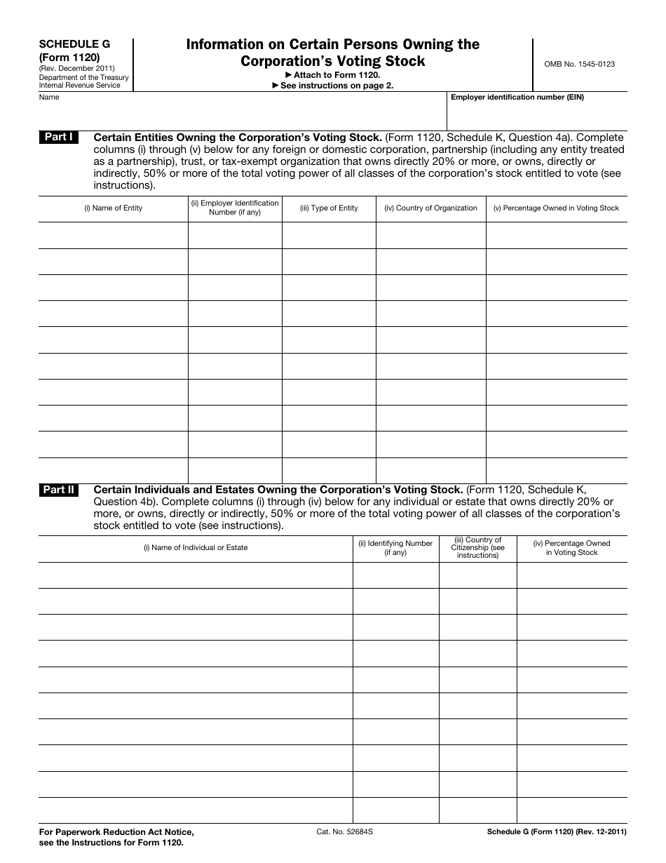 IRS Form 1120 Schedule G Information on Certain Persons Owning the Corporations Voting Stock, Page 1