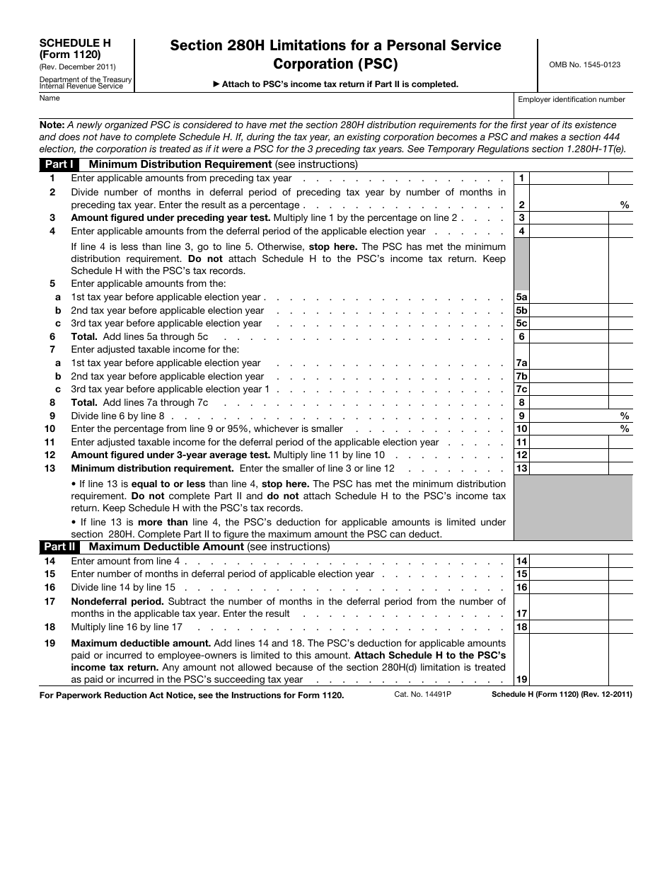 IRS Form 1120 Schedule H Section 280h Limitations for a Personal Service Corporation (Psc), Page 1