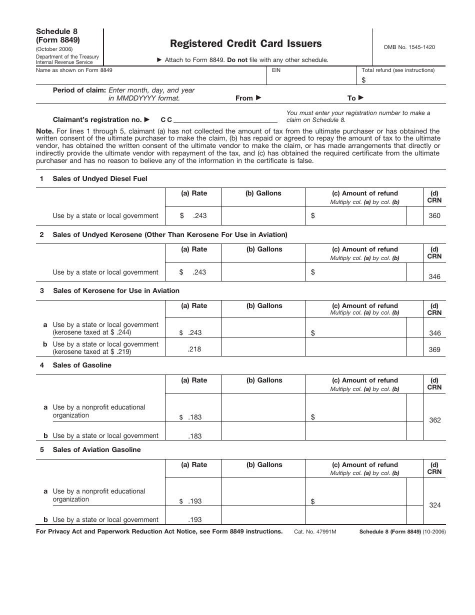 IRS Form 8849 Schedule 8 Registered Credit Card Issuers, Page 1