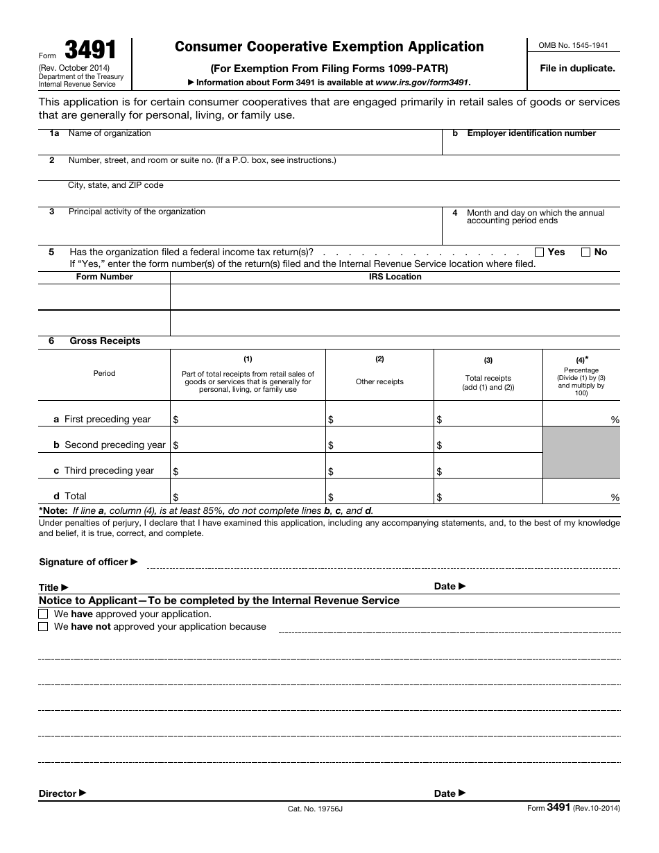 IRS Form 3491 Consumer Cooperative Exemption Application, Page 1