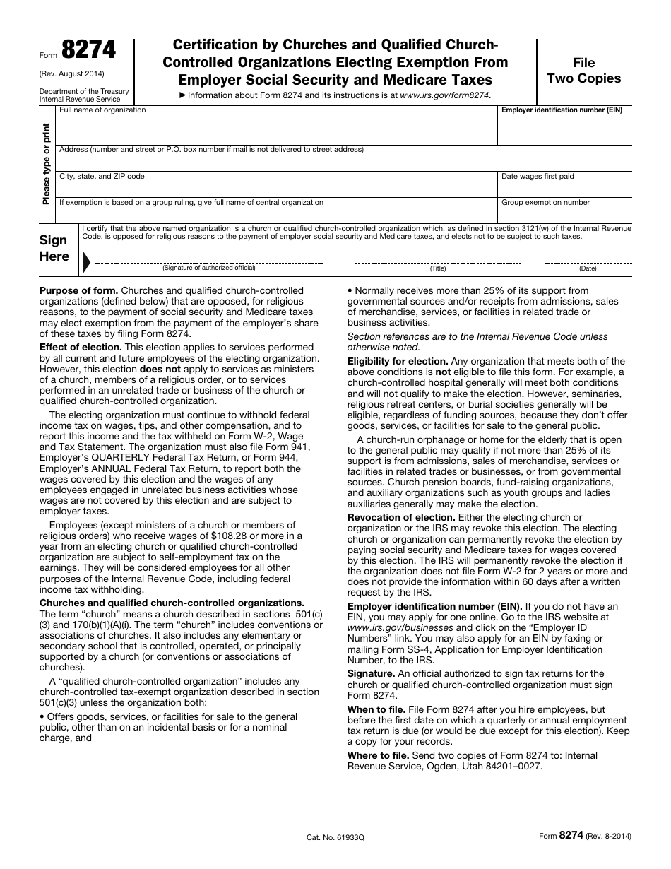 IRS Form 8274 Certification by Churches and Qualified Church-Controlled Organizations Electing Exemption From Employer Social Security and Medicare Taxes, Page 1