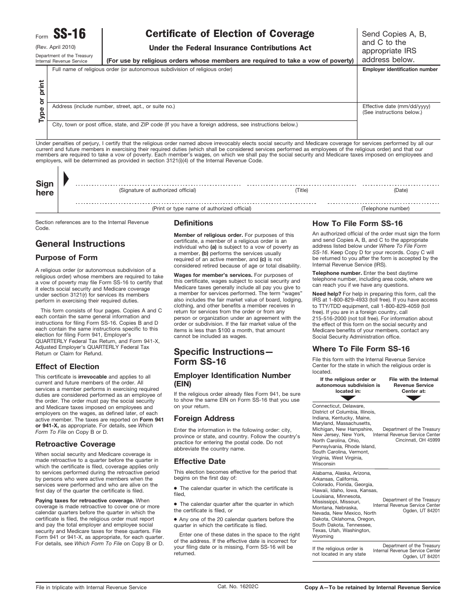IRS Form SS-16 Certificate of Election of Coverage, Page 1