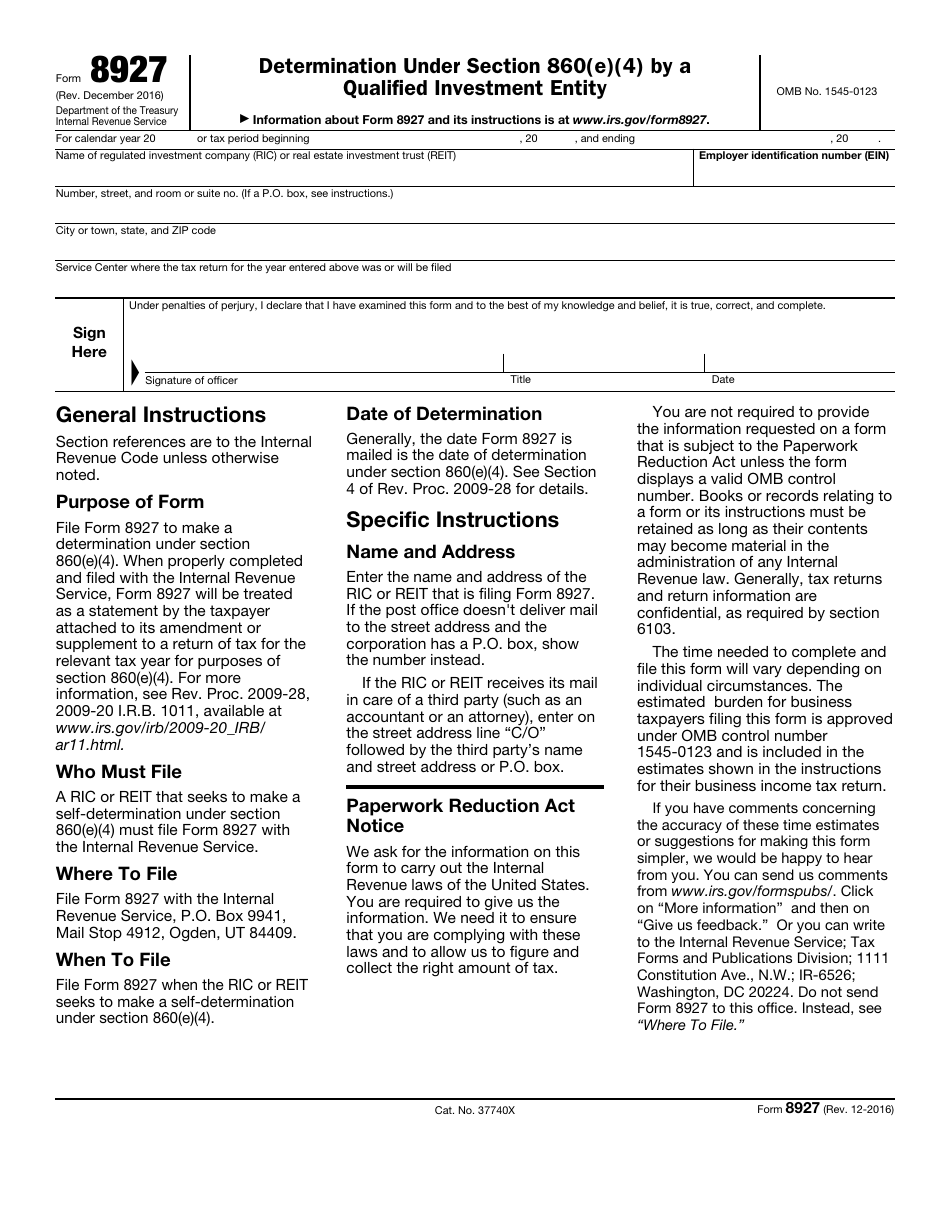 IRS Form 8927 Determination Under Section 860(E)(4) by a Qualified Investment Entity, Page 1
