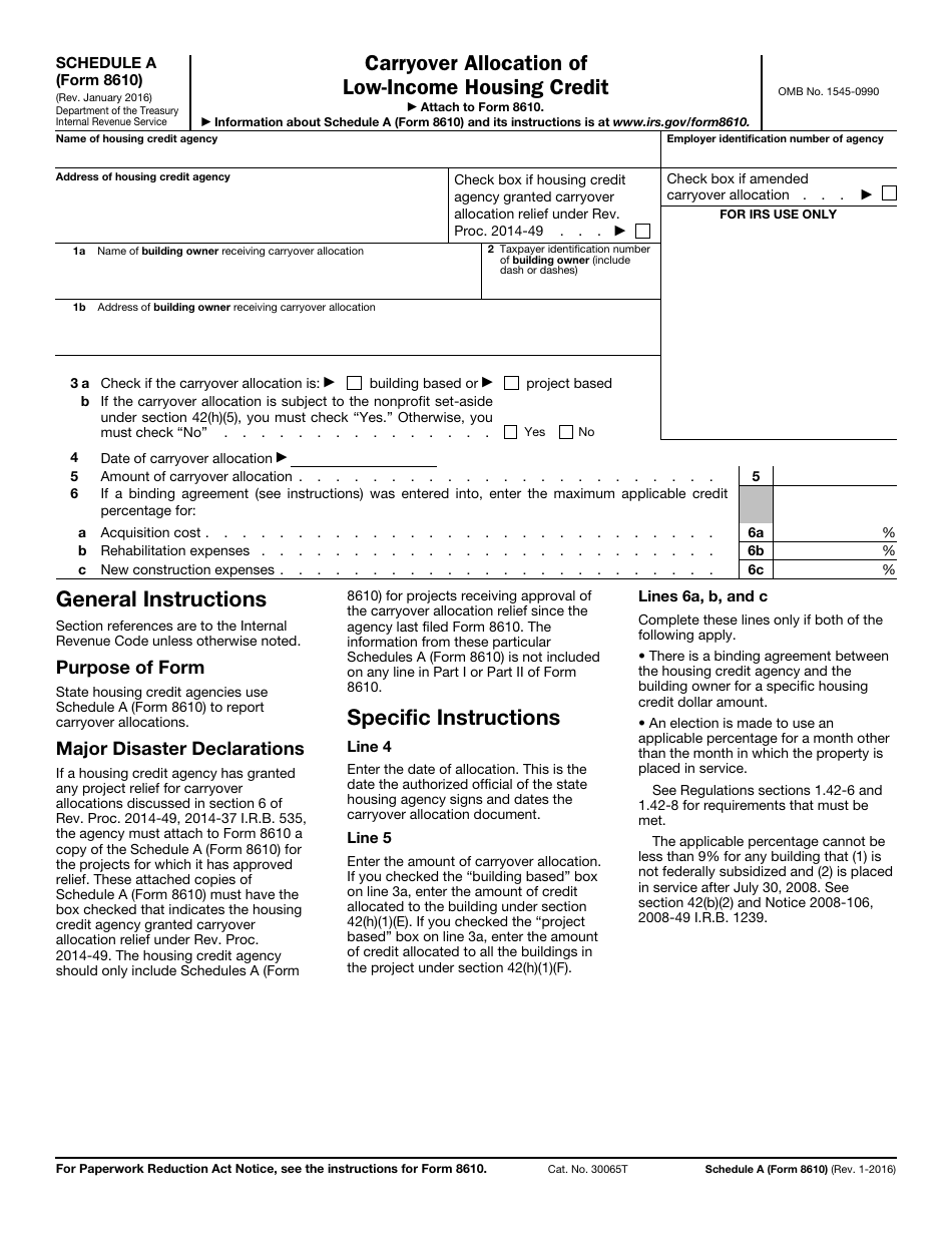 IRS Form 8610 Schedule A Carryover Allocation of Low-Income Housing Credit, Page 1