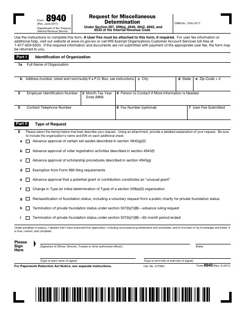 IRS Form 8940 Request for Miscellaneous Determination