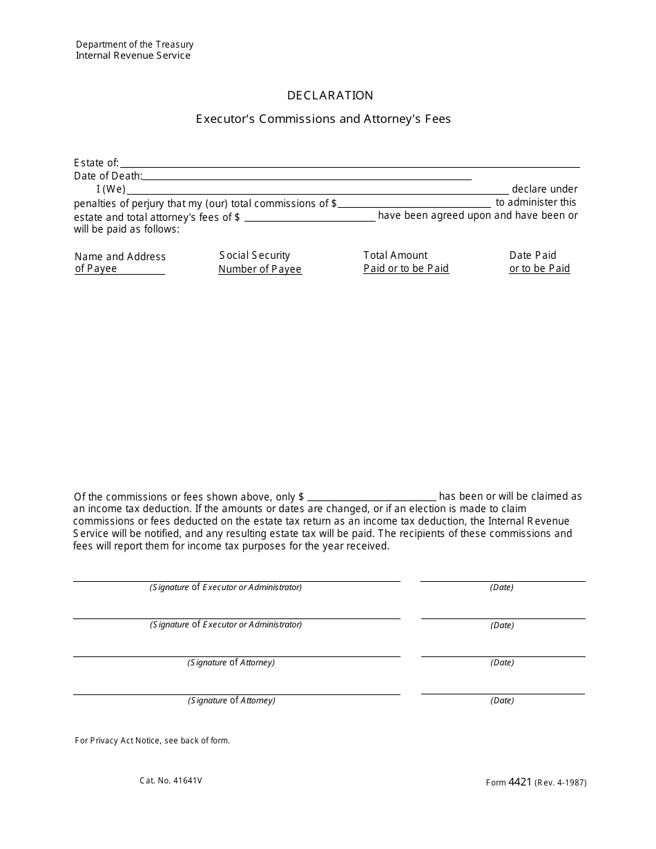 IRS Form 4421 Declaration - Executors Commissioners and Attorneys Fees, Page 1