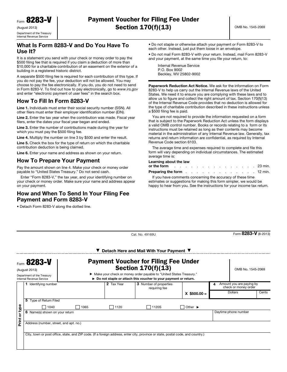 IRS Form 8283-V Payment Voucher for Filing Fee Under Section 170(F)(13), Page 1