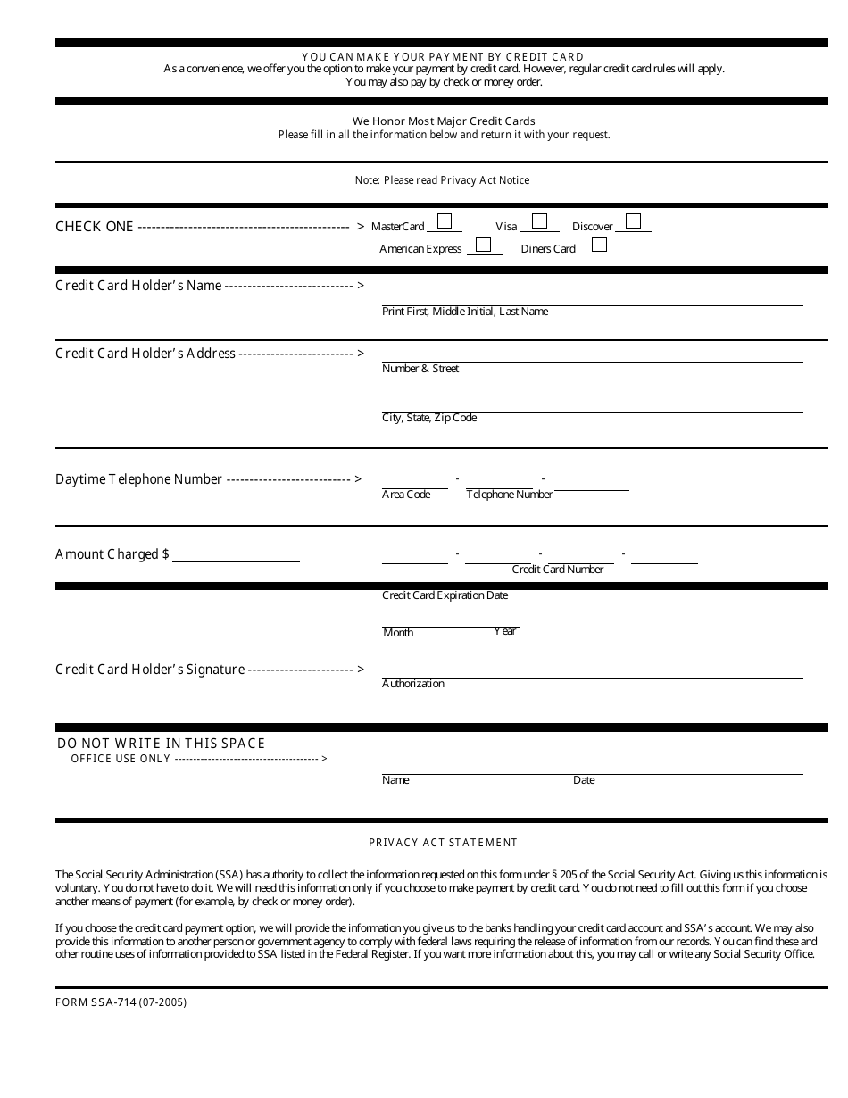Form SSA-714 Application for Credit Card Payment, Page 1
