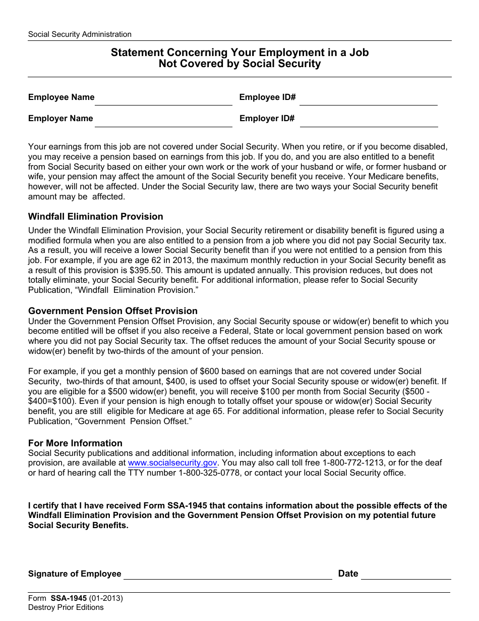 Form SSA-1945 Statement Concerning Your Employment in a Job Not Covered by Social Security, Page 1