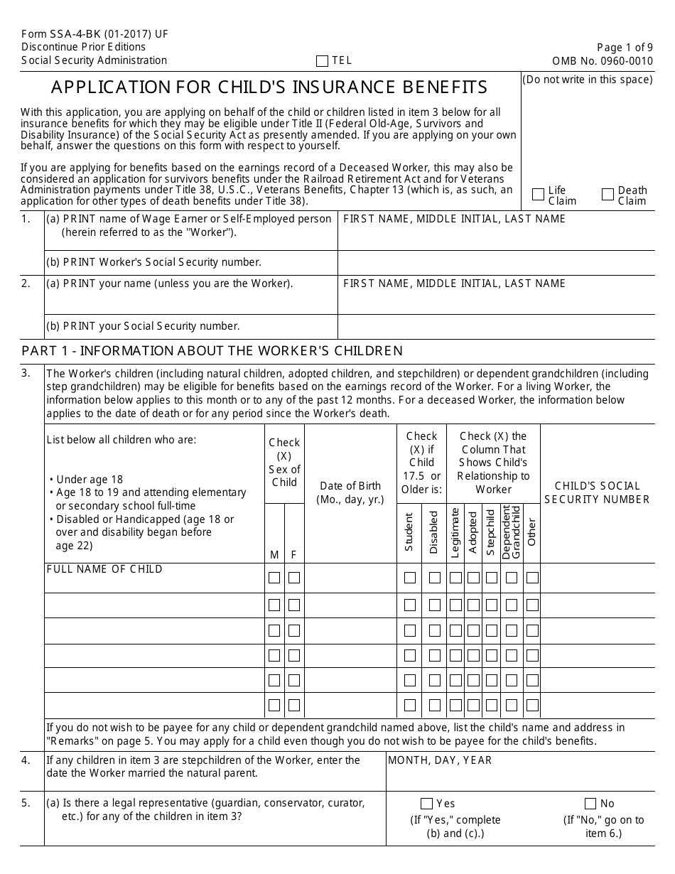 Form SSA-4-BK Application for Childs Insurance Benefits, Page 1