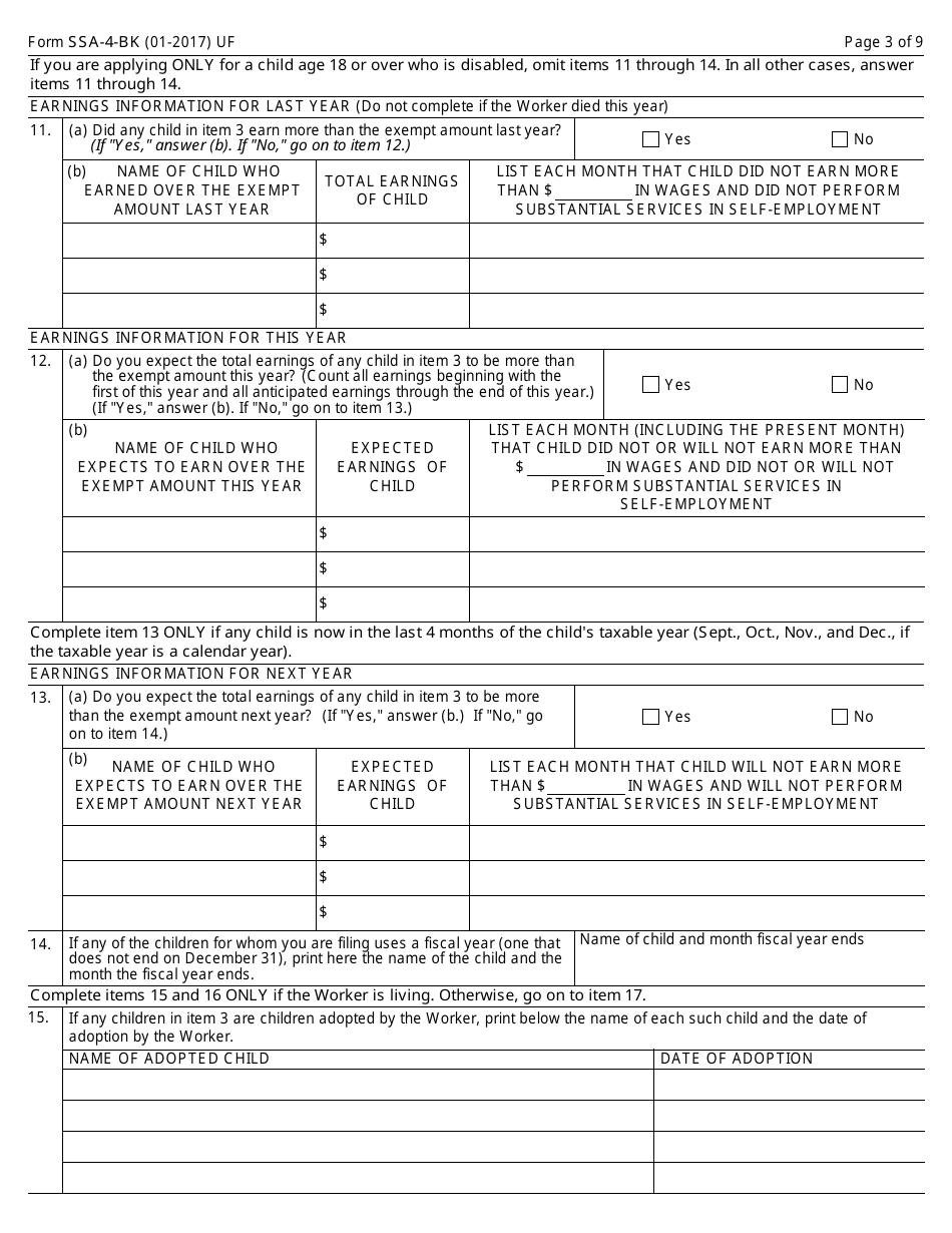 Form SSA-4-BK Application for Childs Insurance Benefits, Page 3