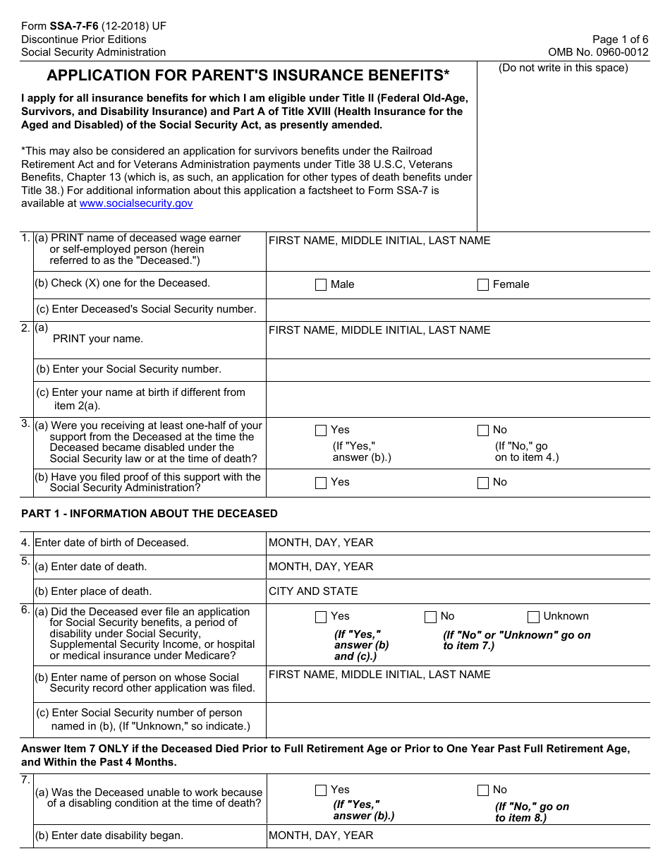 Form SSA-7-F6 Application for Parents Insurance Benefits, Page 1