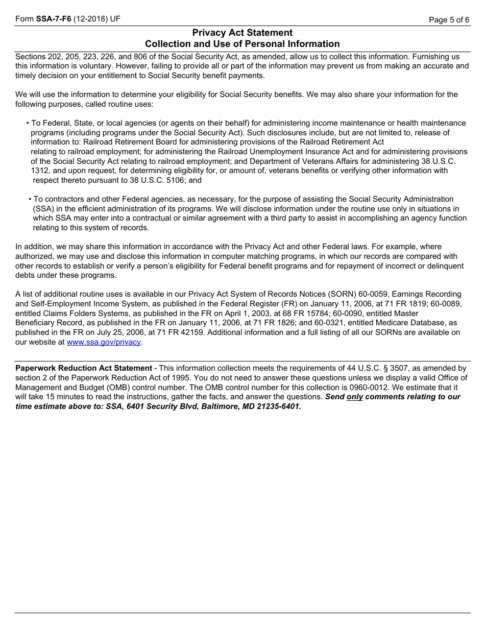 Form SSA-7-F6 Application for Parents Insurance Benefits, Page 5