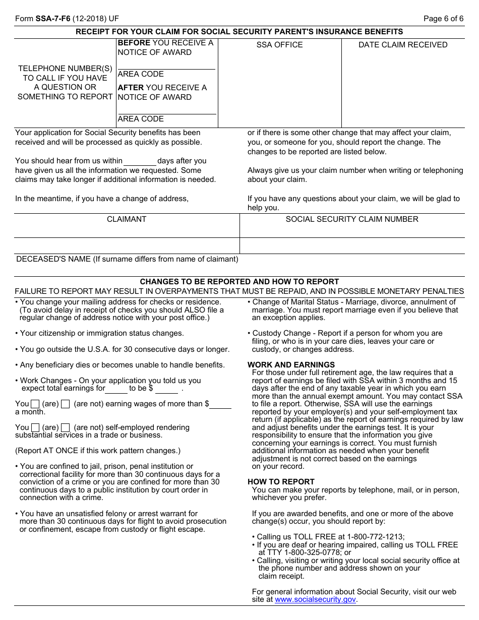 Form SSA-7-F6 Application for Parents Insurance Benefits, Page 6