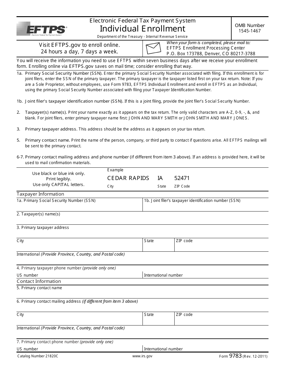 IRS Form 9783 Electronic Federal Tax Payment System Individual Enrollment, Page 1