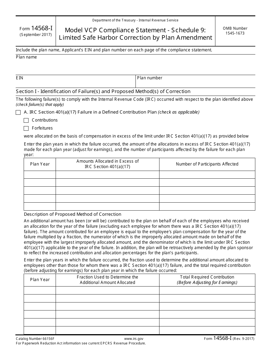 IRS Form 14568-I Schedule 9 Limited Safe Harbor Correction by Plan Amendment, Page 1