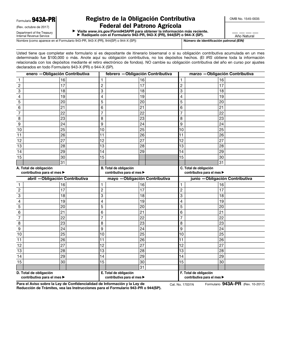 IRS Formulario 943A-PR Registro De La Obligation Contributiva Federal Del Patrono Agricola (Puerto Rican Spanish), Page 1