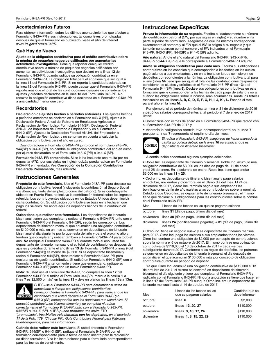 IRS Formulario 943A-PR Registro De La Obligation Contributiva Federal Del Patrono Agricola (Puerto Rican Spanish), Page 3