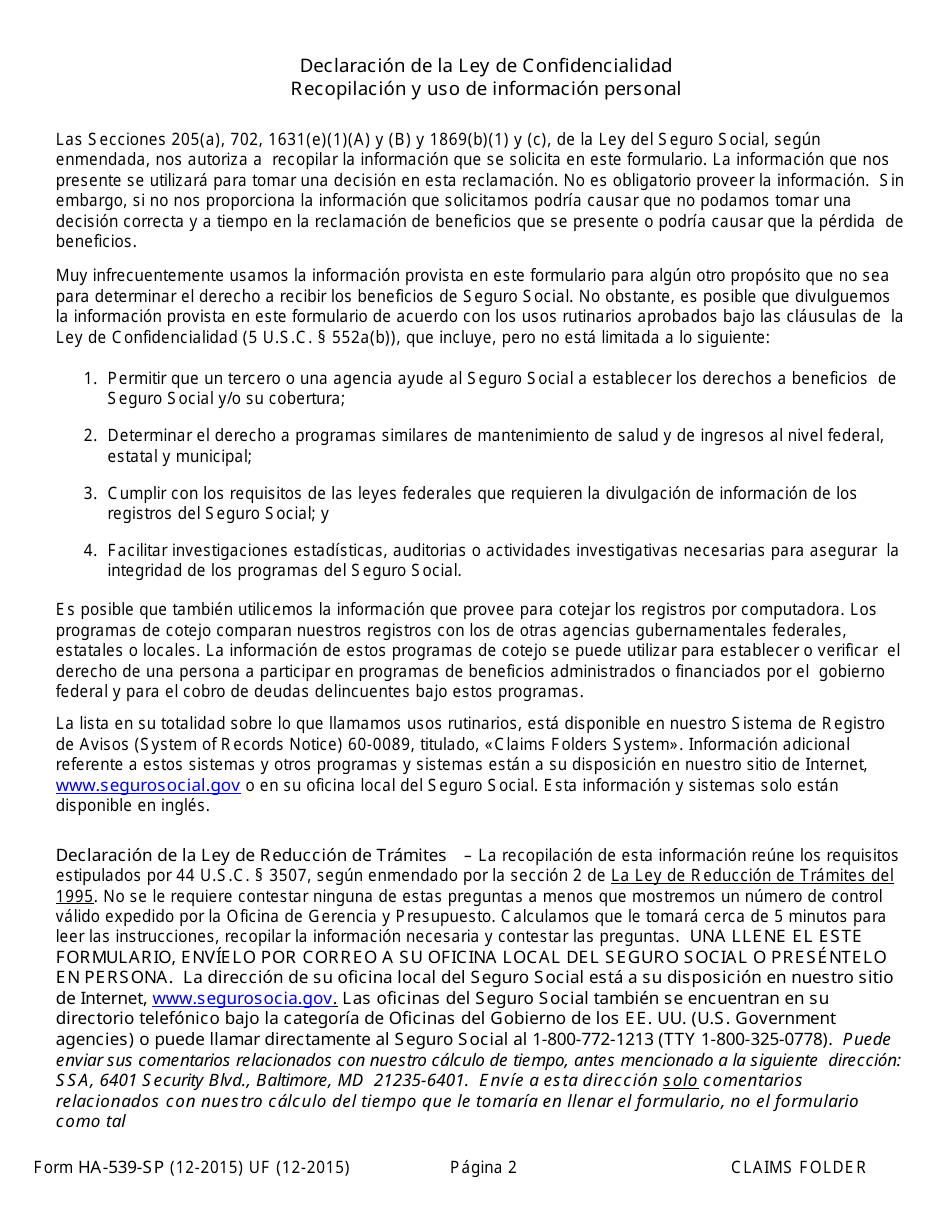 Formulario HA-539-SP Aviso Sobre La Substitucion De La Parte Interesada Tras El Fallecimiento Del Reclamante (Spanish), Page 2