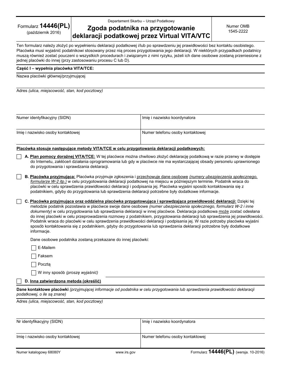 IRS Form 14446 (PL) Virtual Vita / Tce Taxpayer Consent (Polish), Page 1