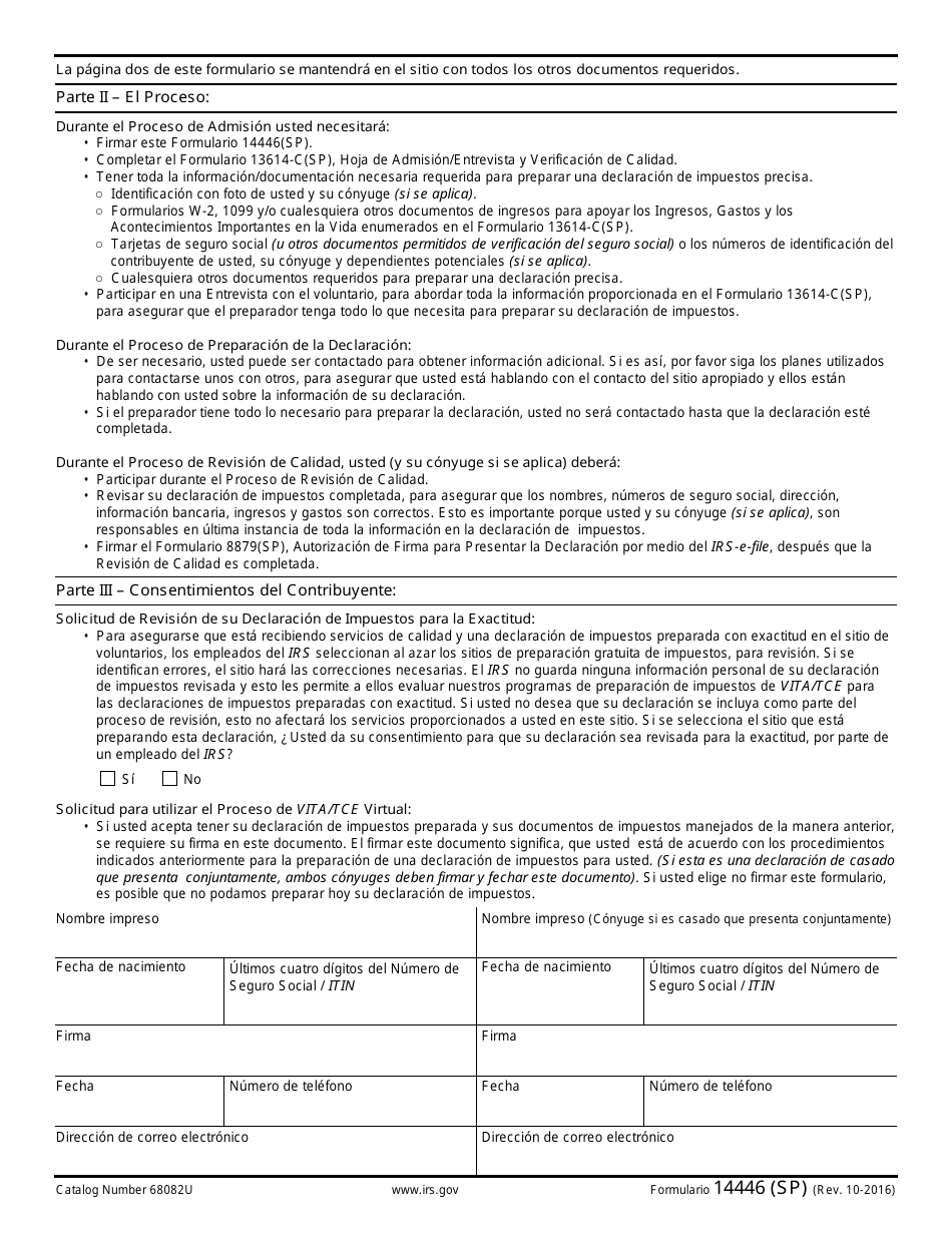 IRS Formulario 14446 (SP) Consentimiento Del Contribuyente Del Vita / Tce Virtual (Spanish), Page 2