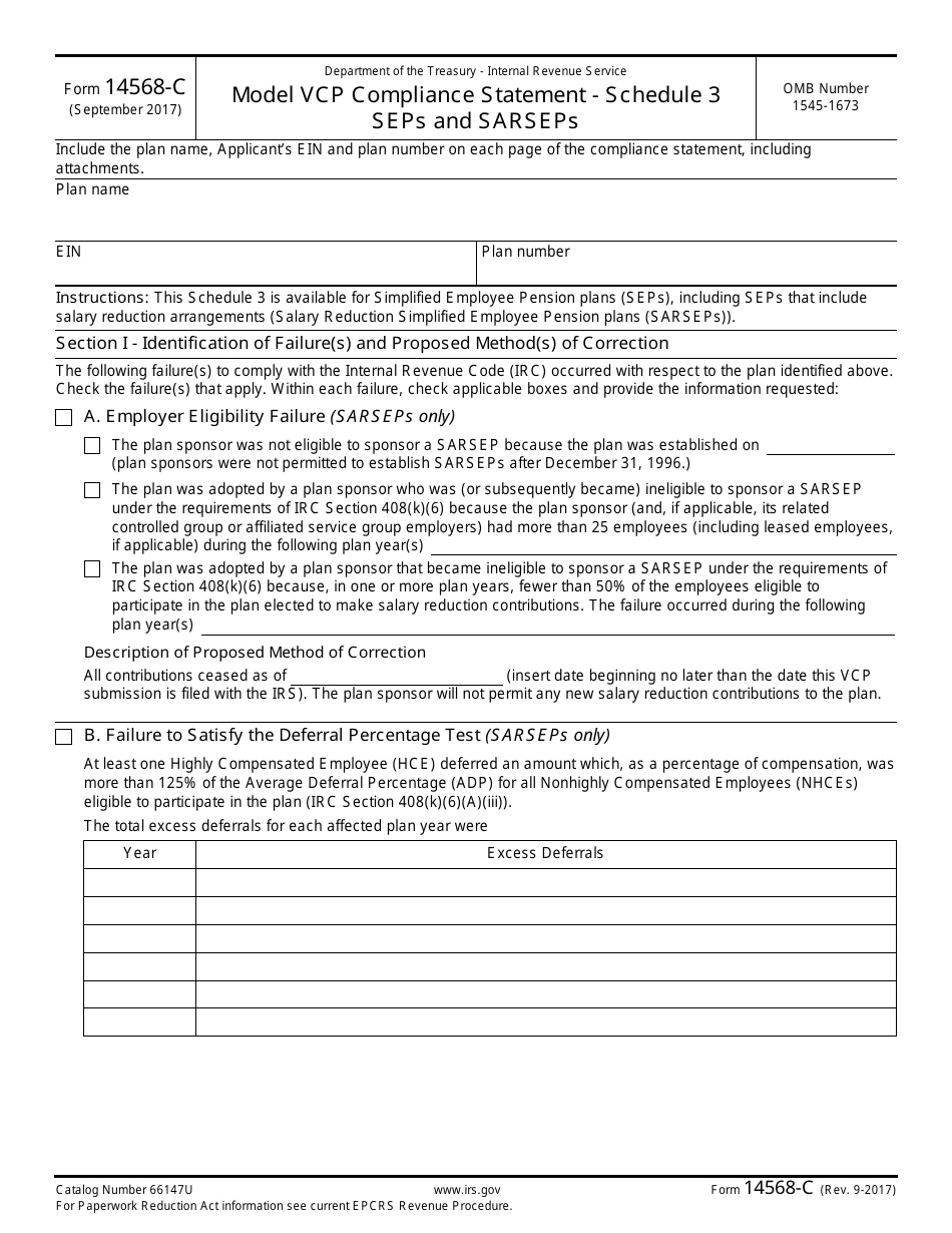 IRS Form 14568-C Schedule 3 Model Vcp Compliance Statement - Seps and Sarseps, Page 1