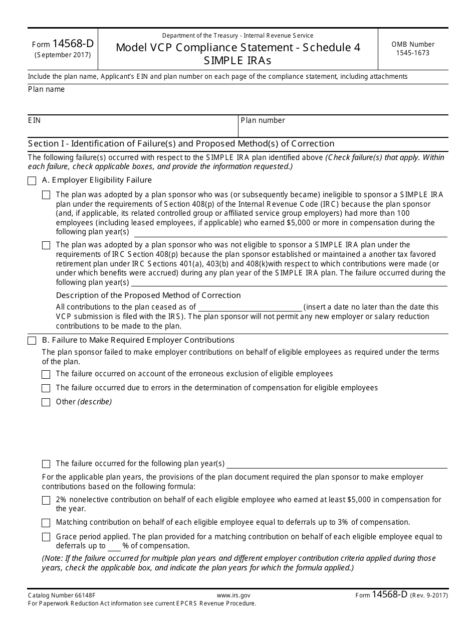IRS Form 14568-D Schedule 4 Model Vcp Compliance Statement - Simple Iras, Page 1
