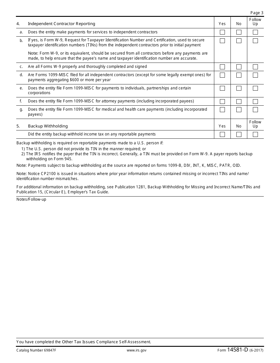 IRS Form 14581-D Other Tax Issues Compliance Self-assessment for Public Employers, Page 3