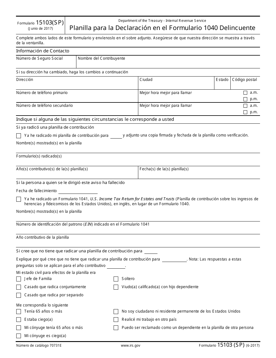 IRS Formulario 15103 (SP) Planilla Para La Declaracion En El Formulario 1040 Delincuente (Spanish), Page 1