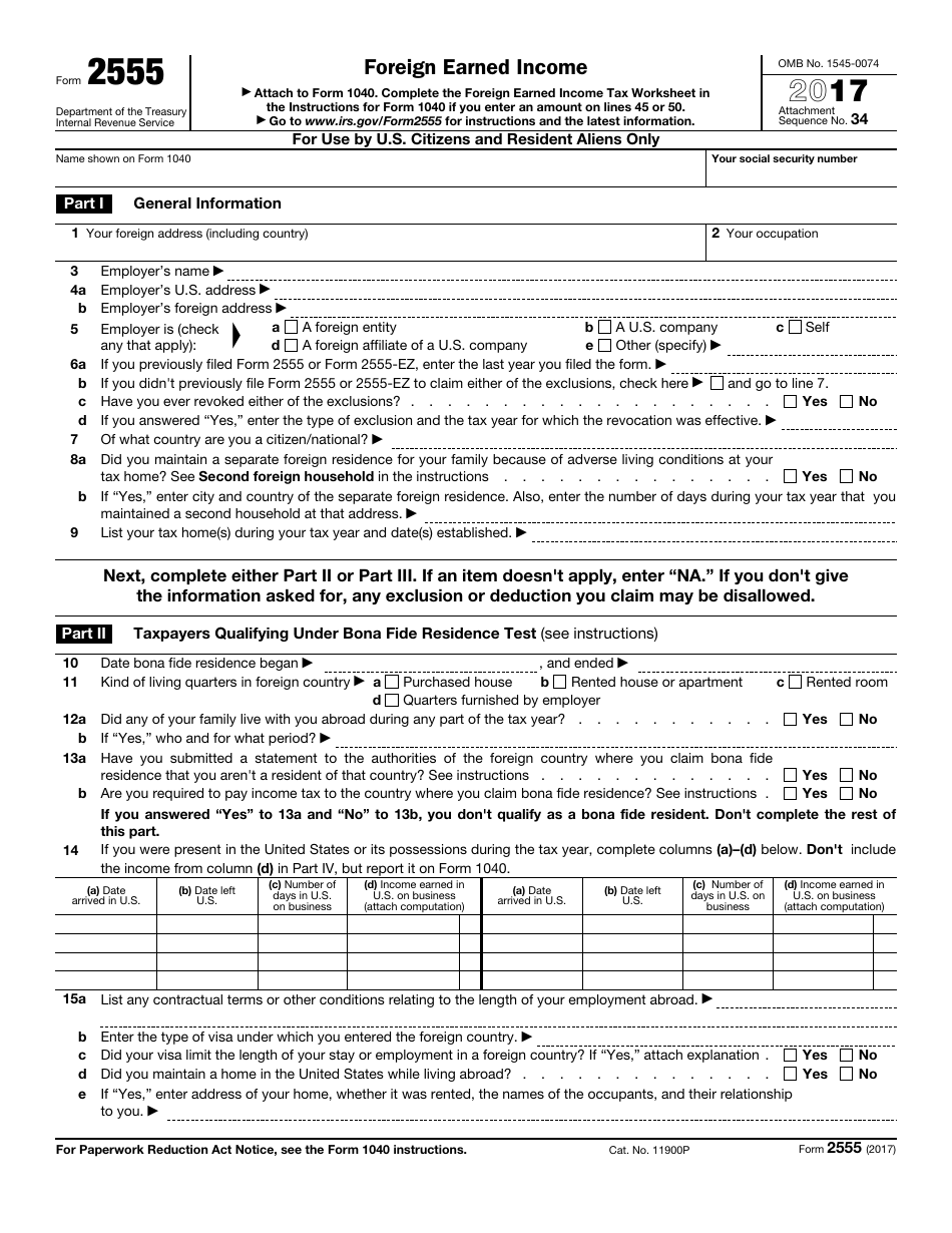 IRS Form 2555 - 2017 - Fill Out, Sign Online and Download Fillable PDF ...