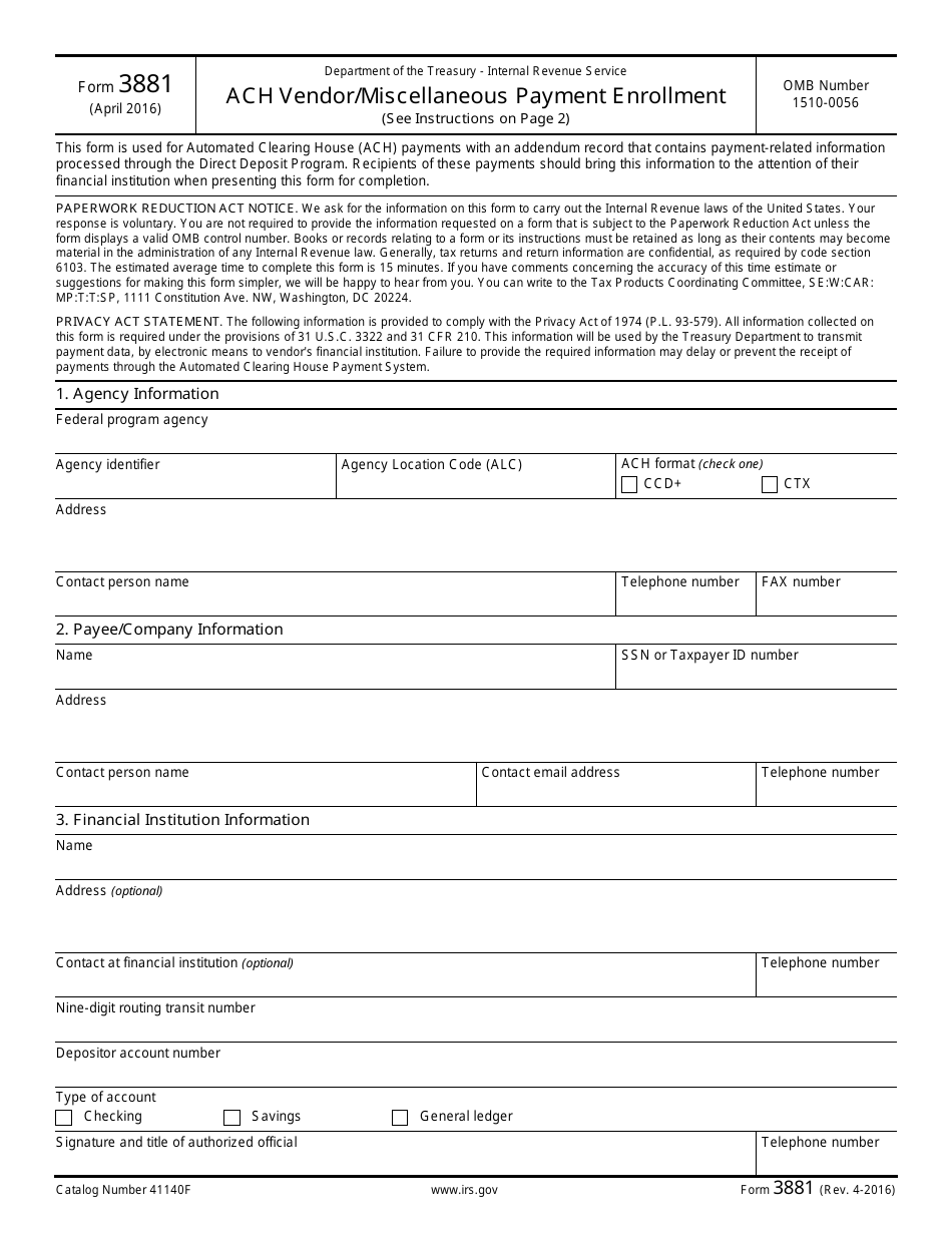 IRS Form 3881 ACH Vendor Miscellaneous Payment Enrollment, Page 1
