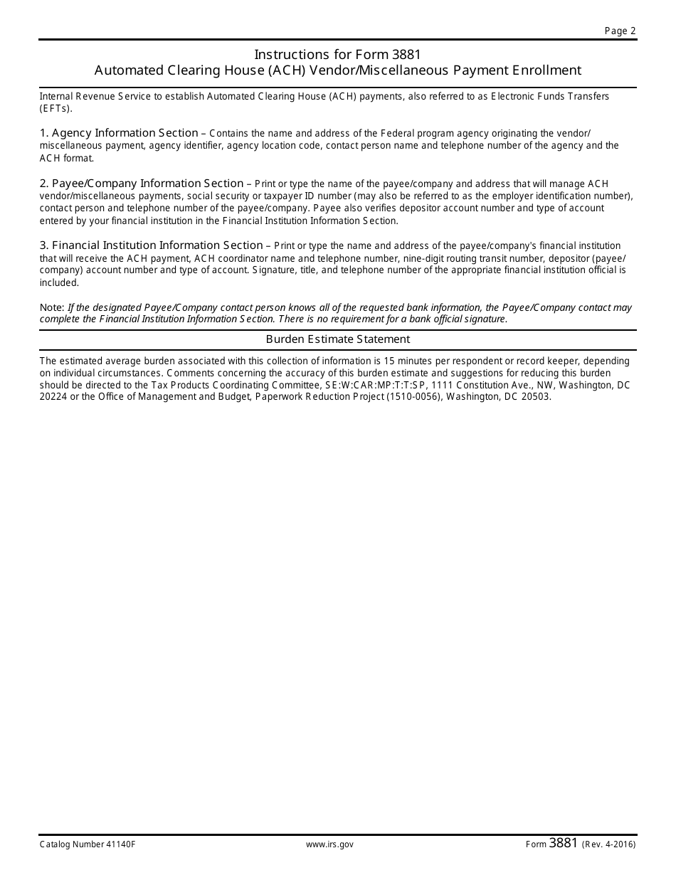 IRS Form 3881 ACH Vendor Miscellaneous Payment Enrollment, Page 2