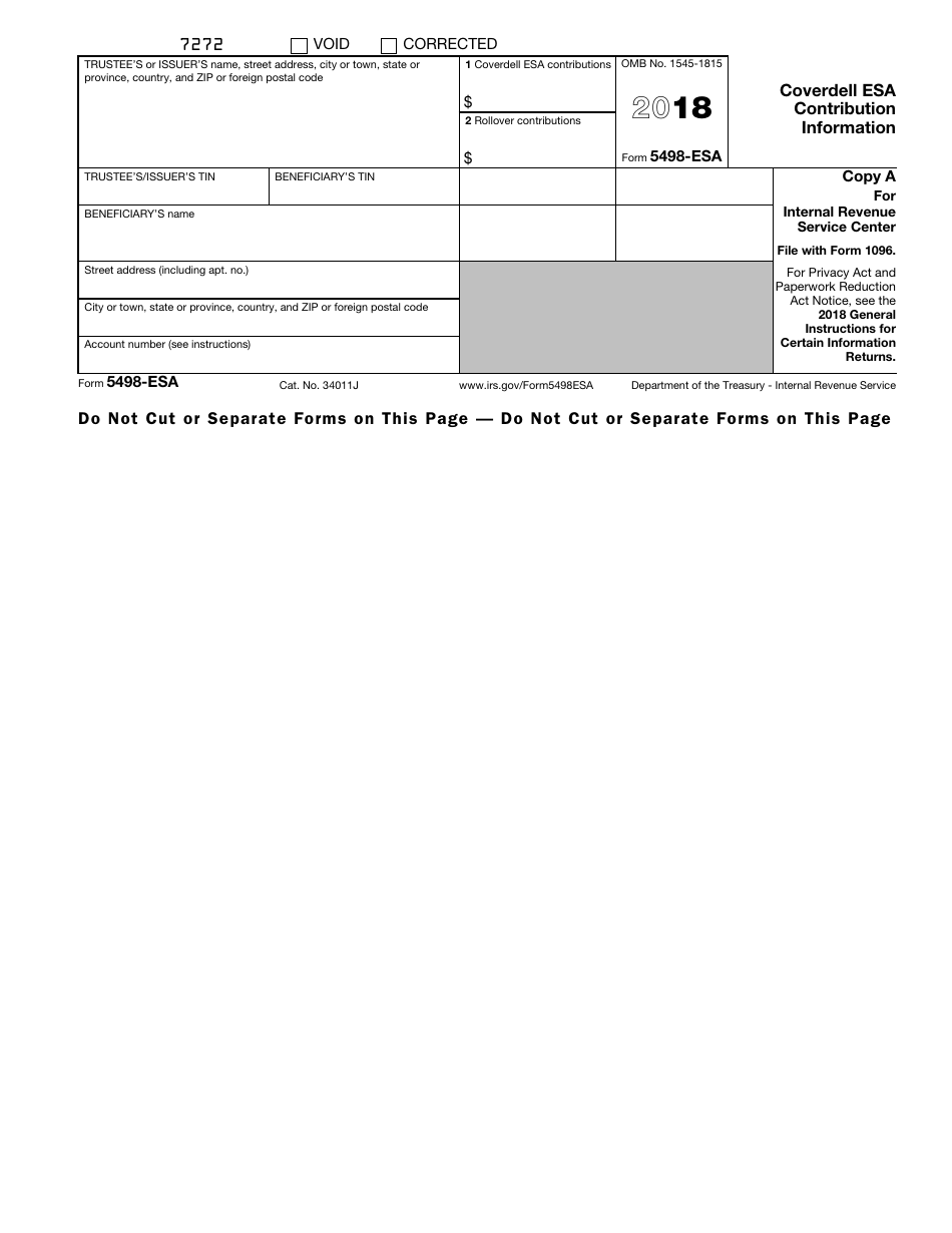 IRS Form 5498-ESA Coverdell Esa Contribution Information, Page 1
