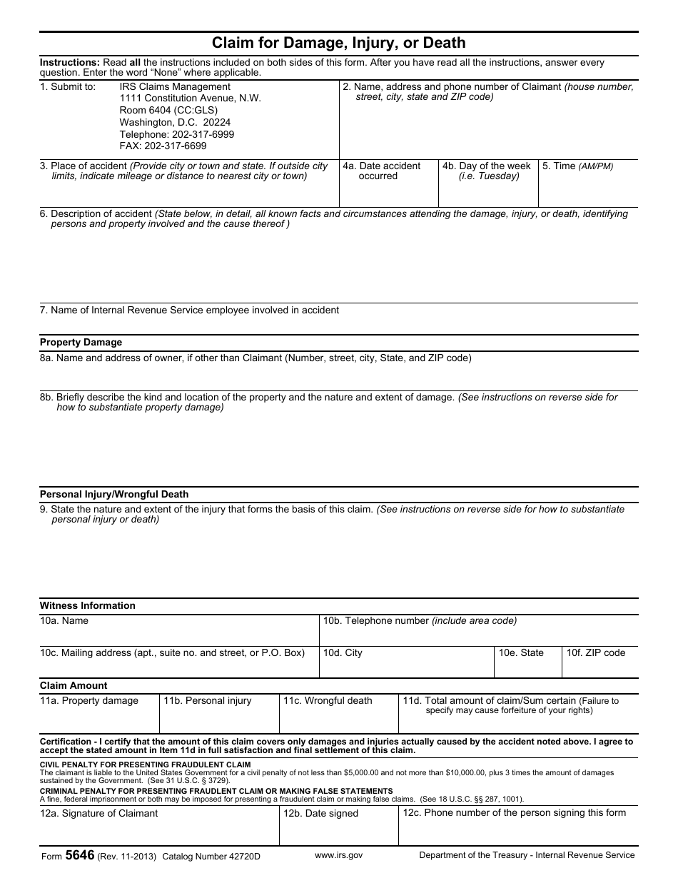 IRS Form 5646 Claim for Damage, Injury or Death, Page 1
