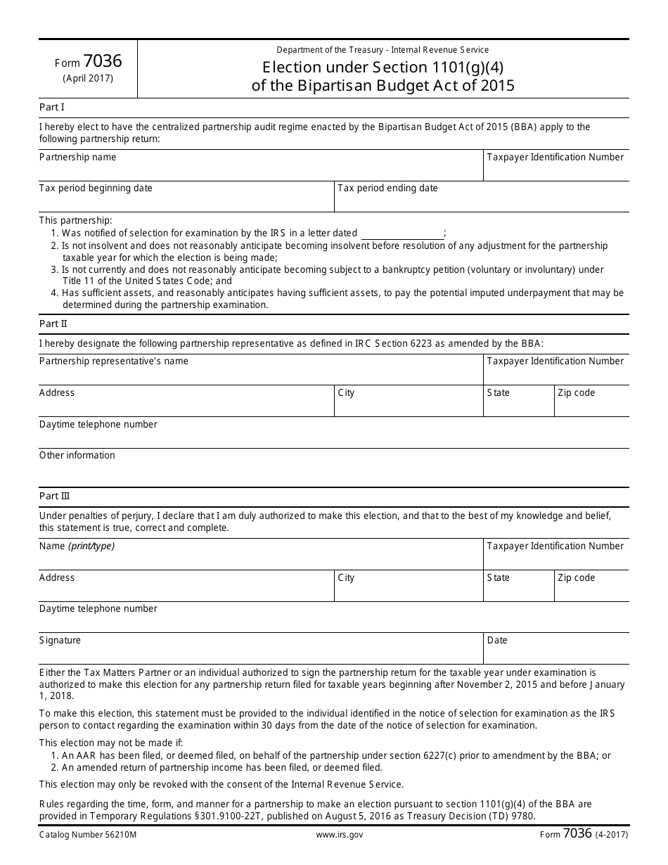 IRS Form 7036 Election Under Section 1101(G)(4) of the Bipartisan Budget Act of 2015, Page 1