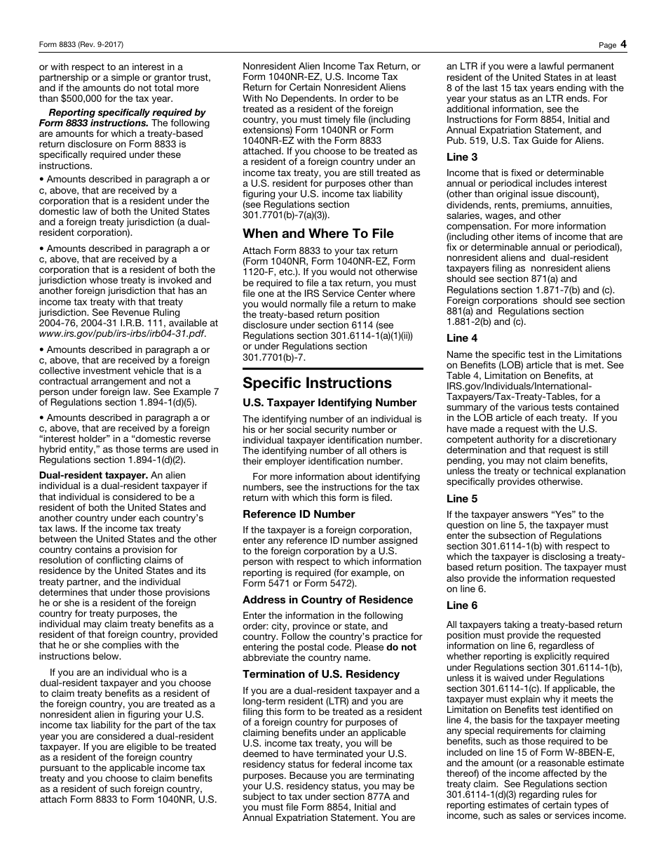 IRS Form 8833 Treaty-Based Return Position Disclosure Under Section 6114 or 7701(B), Page 4