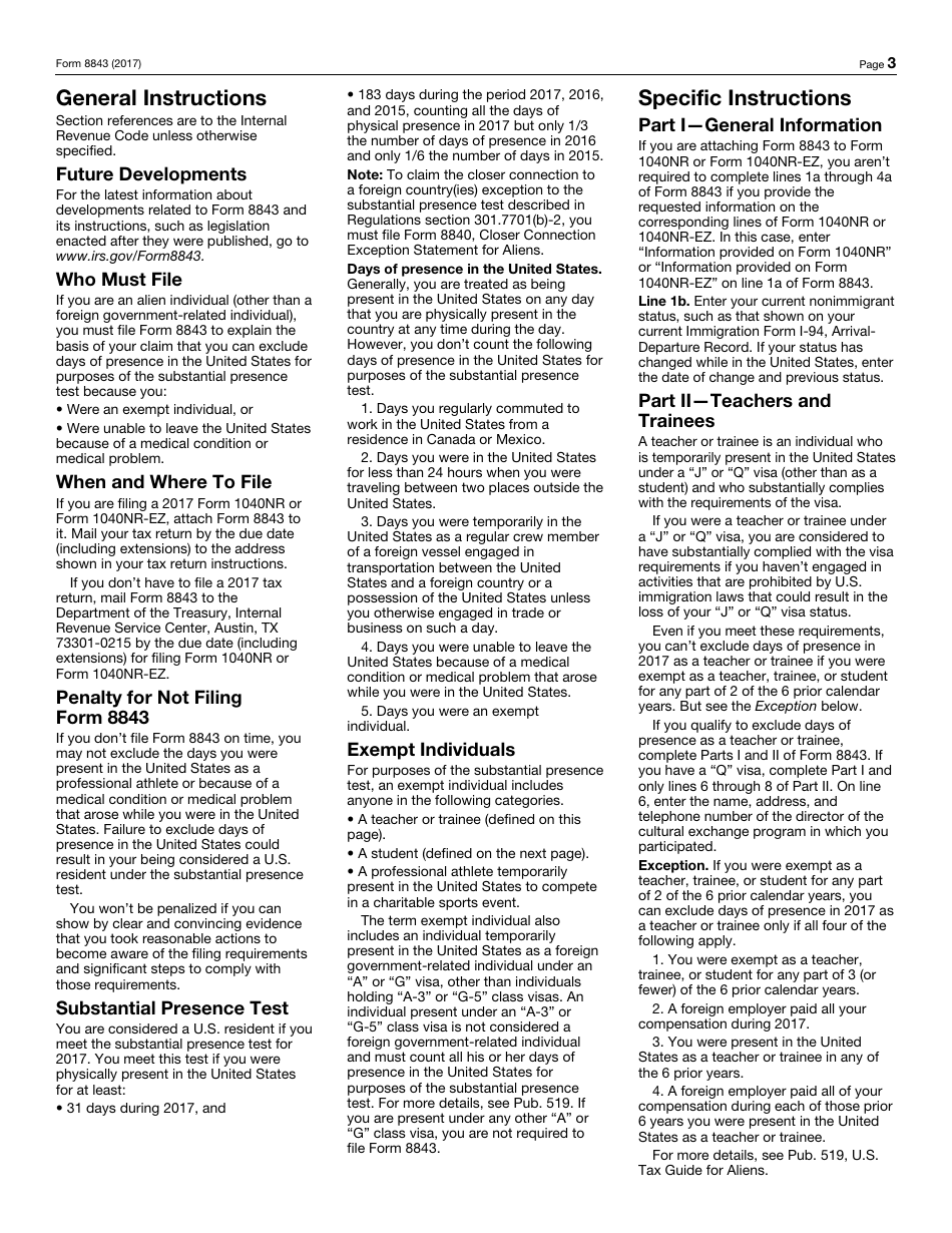 IRS Form 8843 Statement for Exempt Individuals and Individuals With a Medical Condition, Page 3