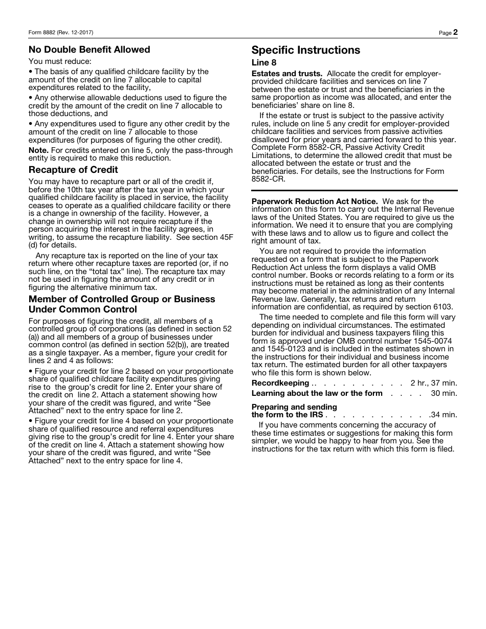 IRS Form 8882 Credit for Employer-Provided Child Care Facilities and Services, Page 2