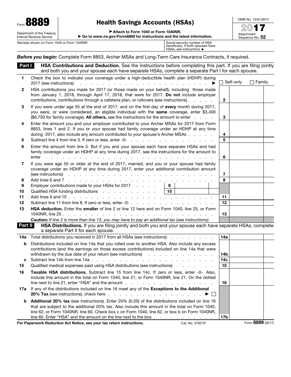 IRS Form 8889 Health Savings Accounts (Hsas), Page 1