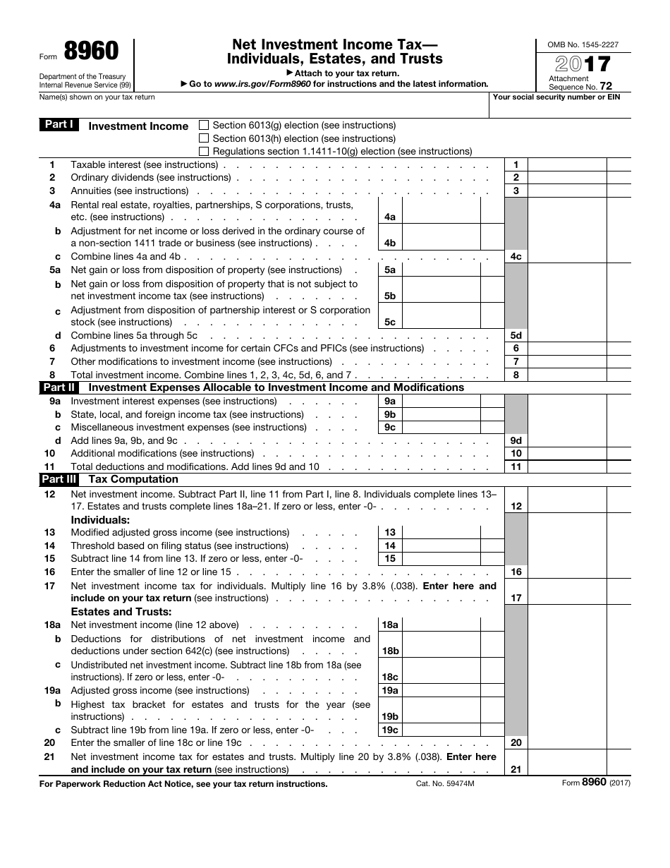 IRS Form 8960 Net Investment Income Tax Individuals, Estates, and Trusts, Page 1