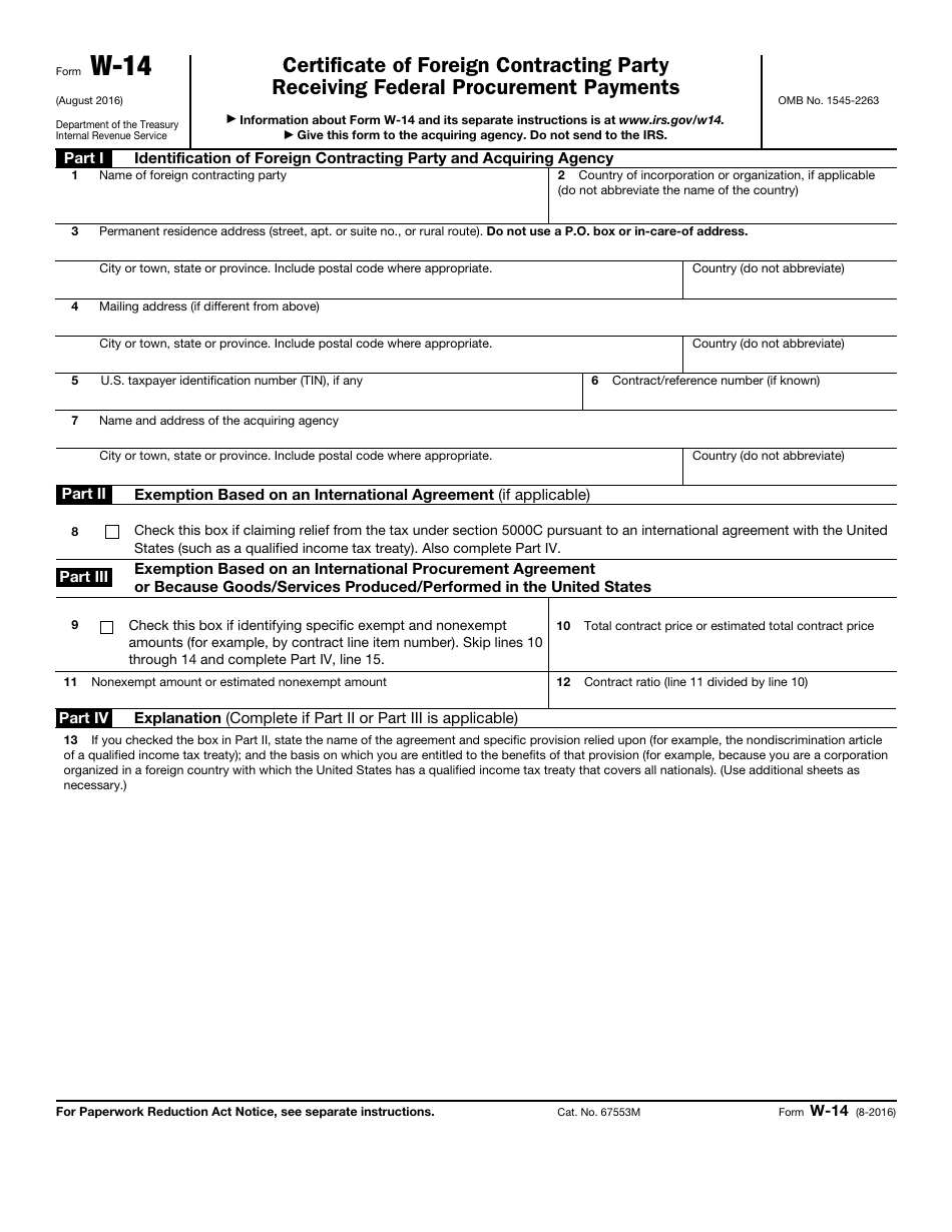 IRS Form W-14 Certificate of Foreign Contracting Party Receiving Federal Procurement Payments, Page 1