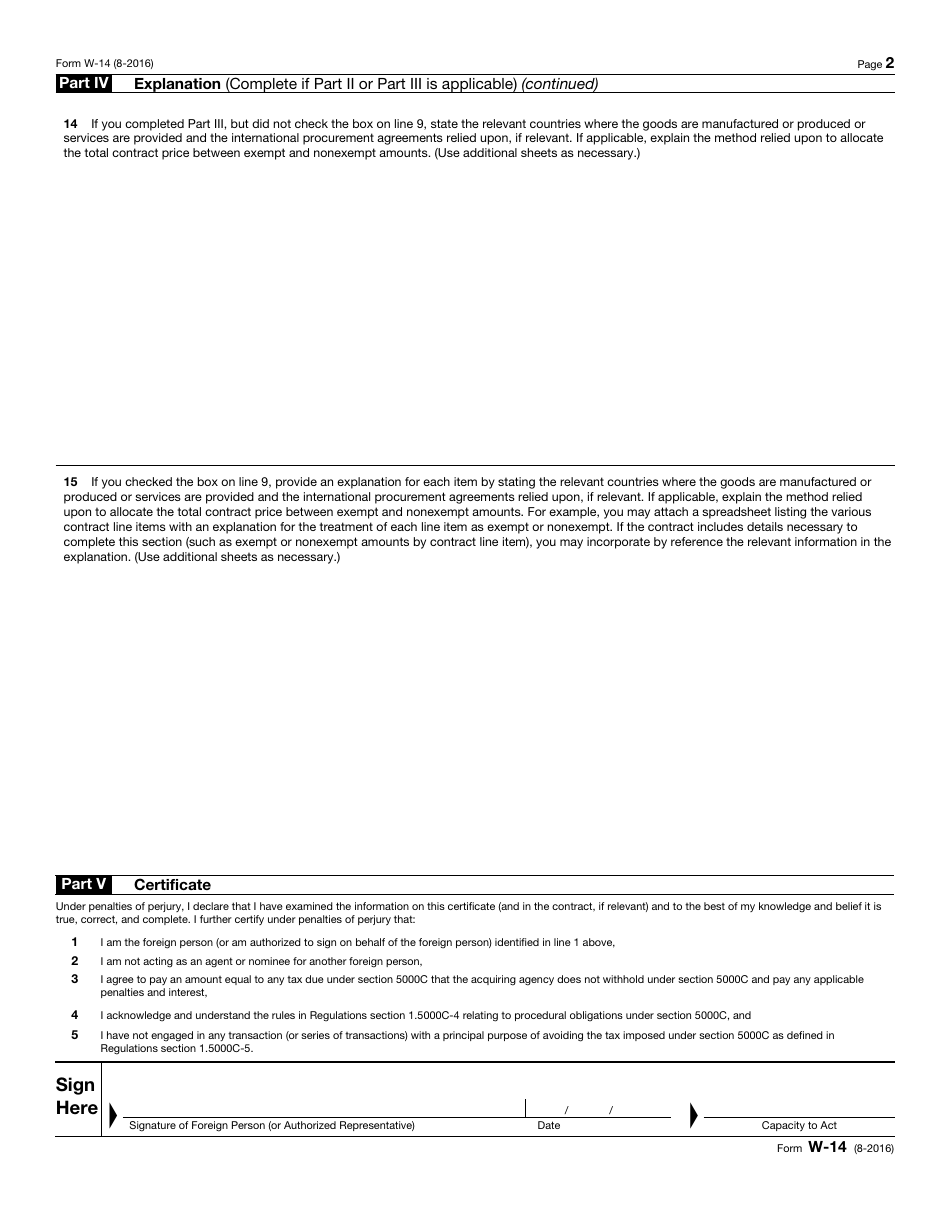 IRS Form W-14 Certificate of Foreign Contracting Party Receiving Federal Procurement Payments, Page 2