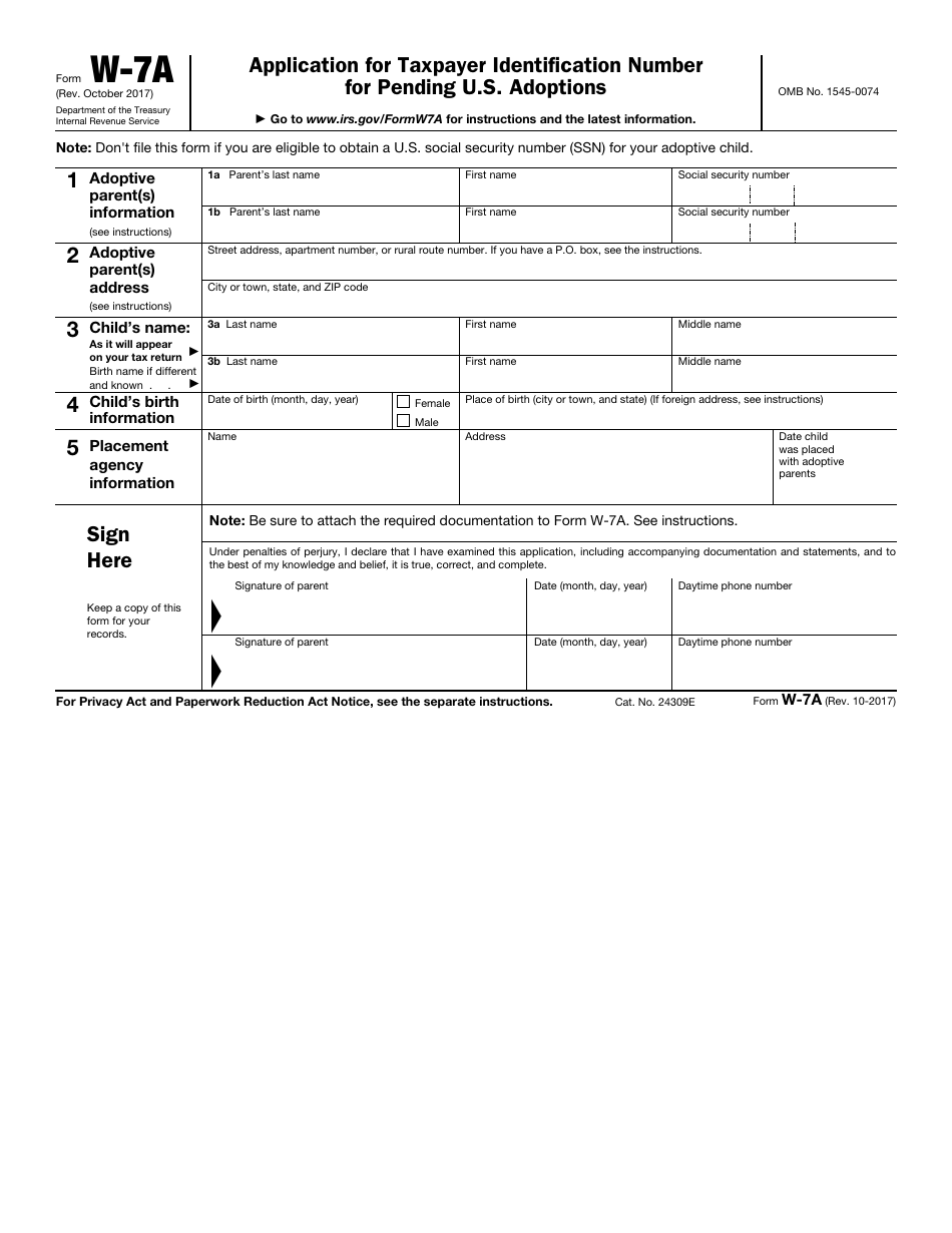 IRS Form W-7A Application for Taxpayer Identification Number for Pending U.S. Adoptions, Page 1