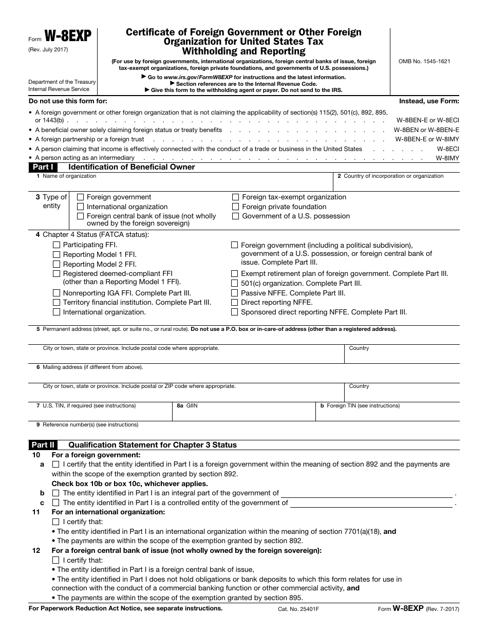 IRS Form W-8EXP Certificate of Foreign Government or Other Foreign Organization for United States Tax Withholding and Reporting, Page 1