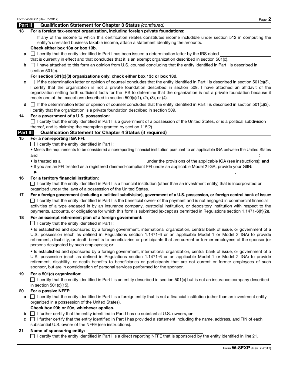 IRS Form W-8EXP Certificate of Foreign Government or Other Foreign Organization for United States Tax Withholding and Reporting, Page 2