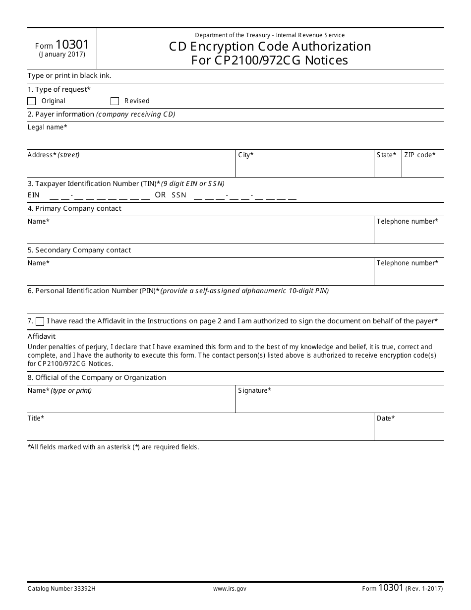 IRS Form 10301 Cd Encryption Code Authorization for Cp2100 / 972cg Notices, Page 1