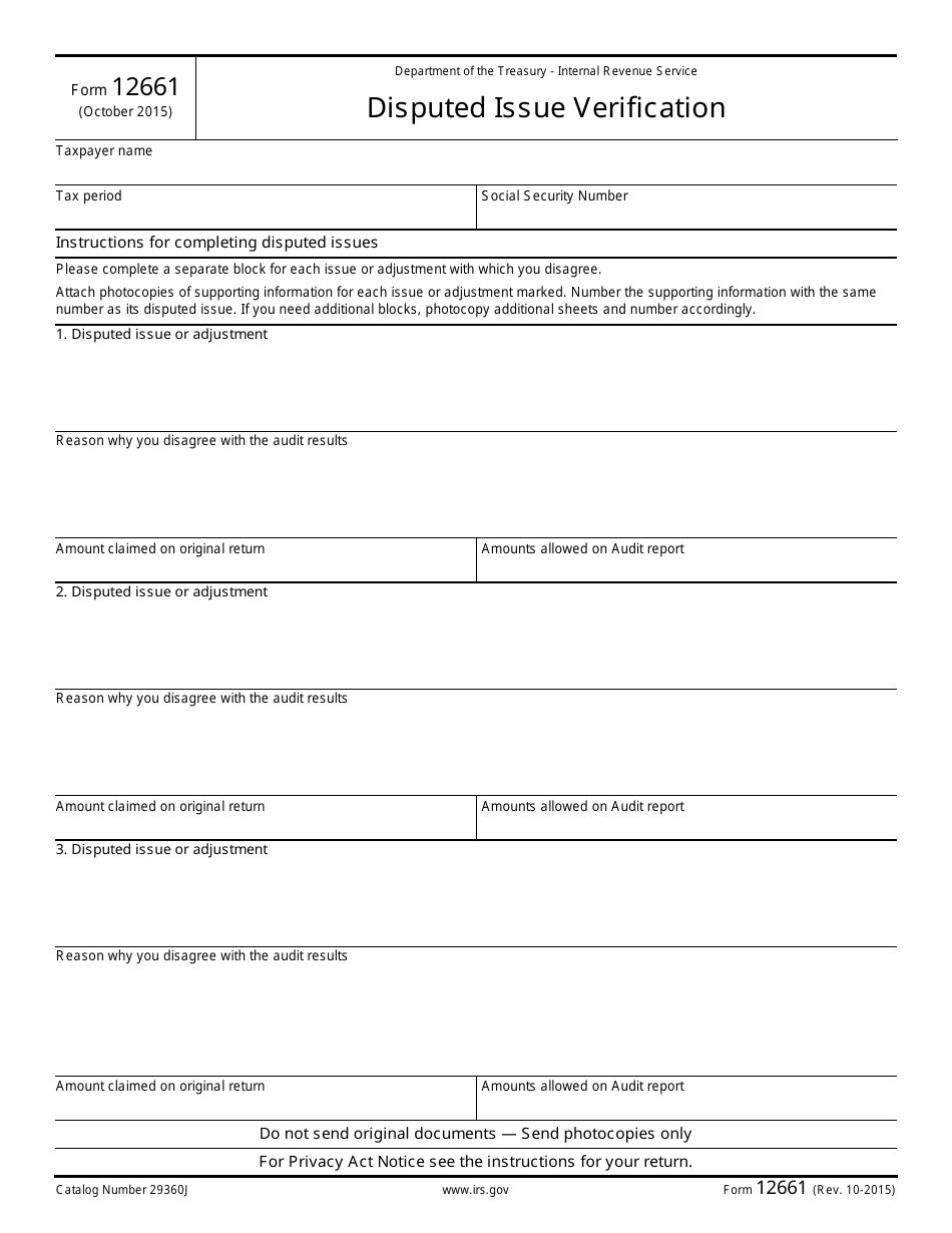 IRS Form 12661 Disputed Issue Verification, Page 1