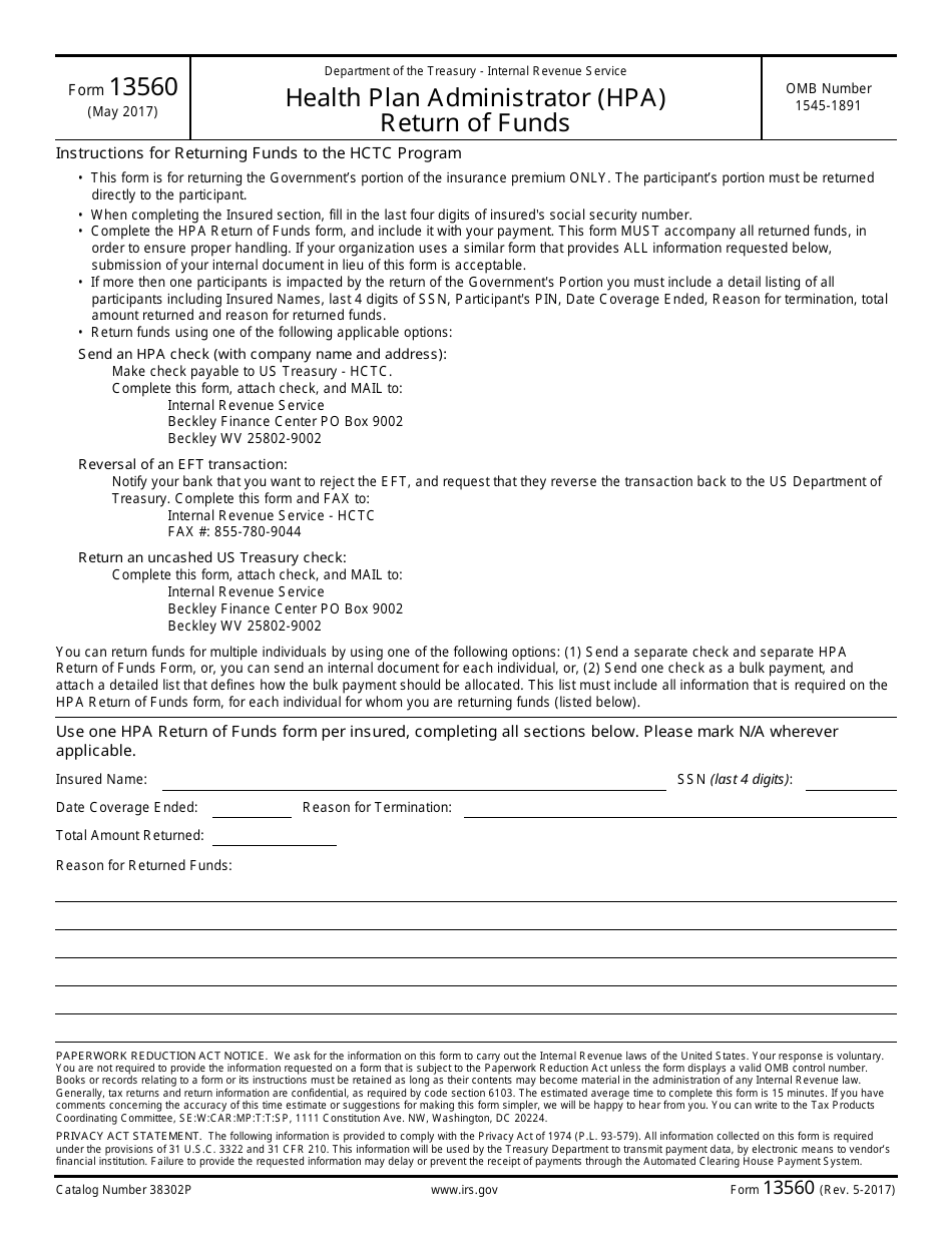 IRS Form 13560 Health Plan Administrator (Hpa) Return of Funds, Page 1