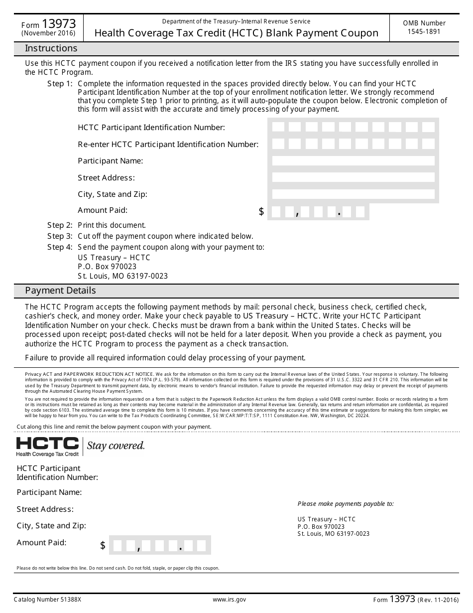 IRS Form 13973 Health Coverage Tax Credit (Hctc) Blank Payment Coupon, Page 1