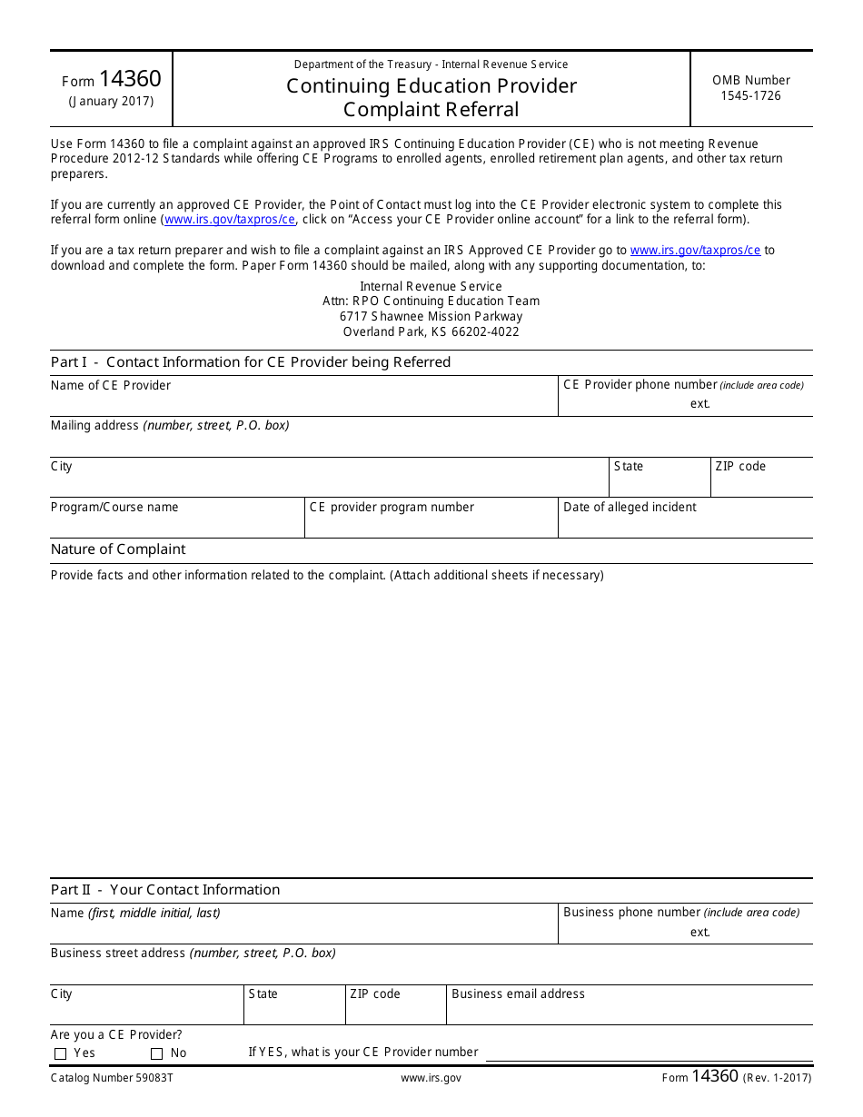 IRS Form 14360 Continuing Education Provider Complaint Referral, Page 1